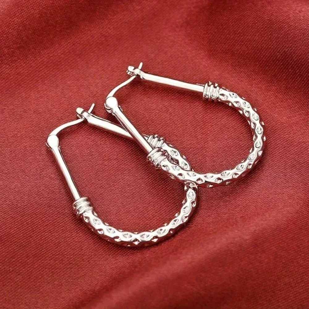 925 Sterling Silver Drop Hoop Earrings - Picture 6 of 8